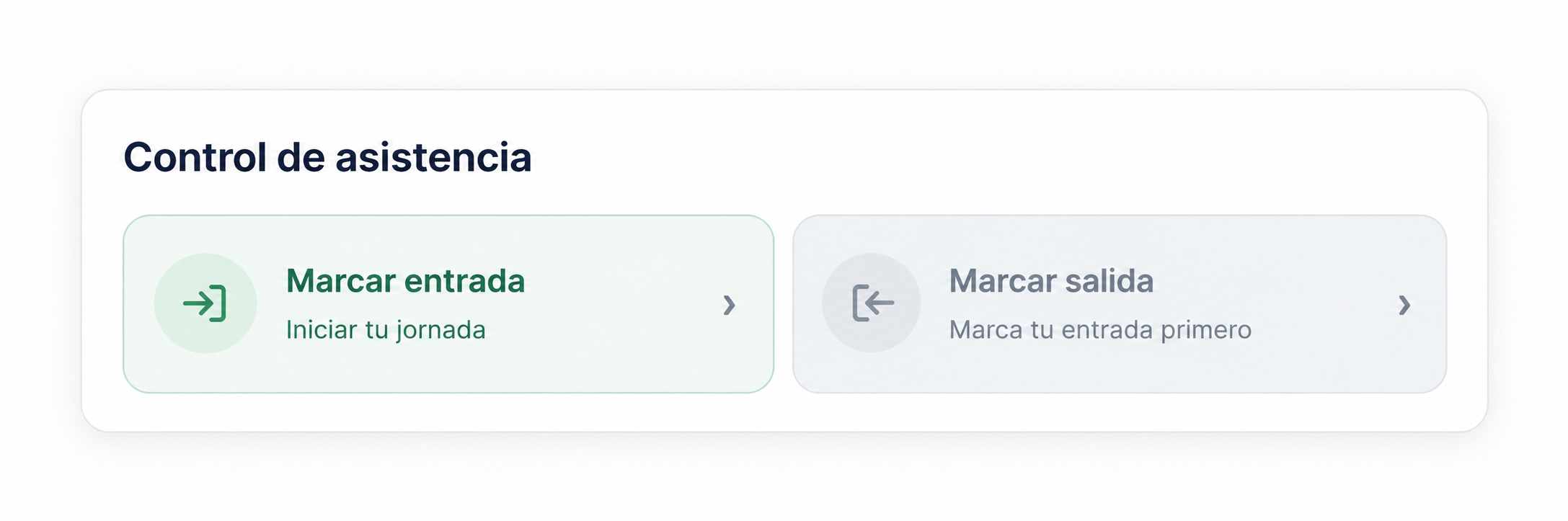 Módulo de asistencia con opciones para marcar entrada y salida.
